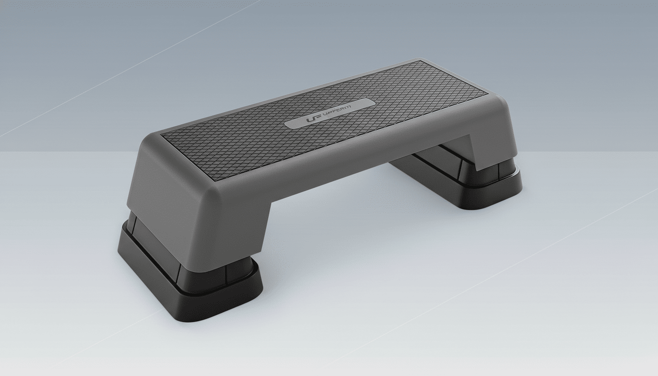A gray and black aerobic step platform with a textured top surface and the UPFORM logo, presented on a professional flat design background with soft gray gradients.