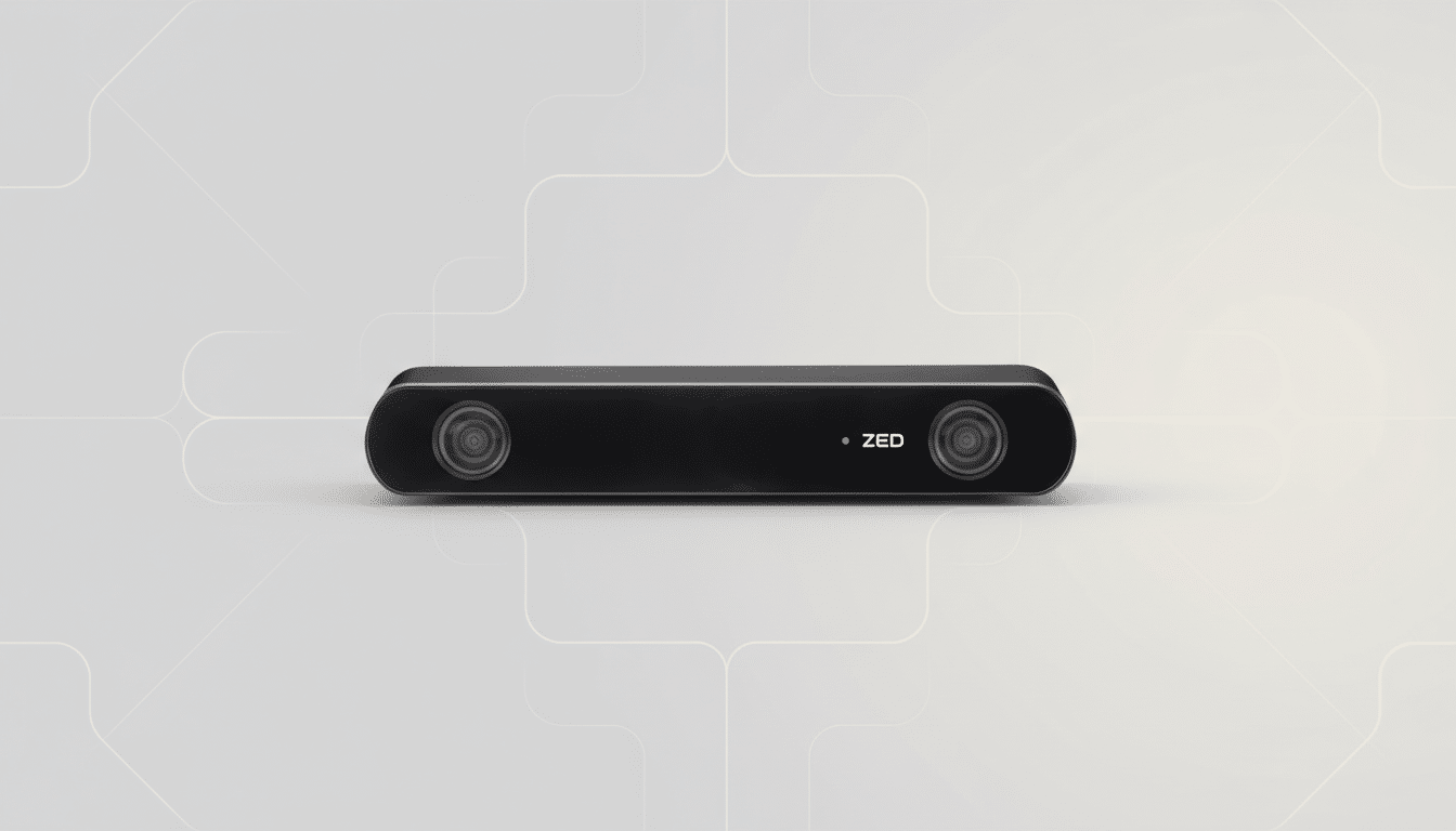 A black ZED stereo camera with two lenses and a blue indicator light, centered on a light gray background with subtle, abstract white line patterns.