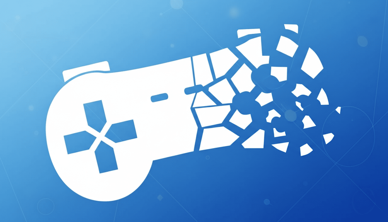 A white video game controller icon on a blue background, with the right side of the controller shattering into geometric pieces. The background has a subtle gradient and faint circular patterns.