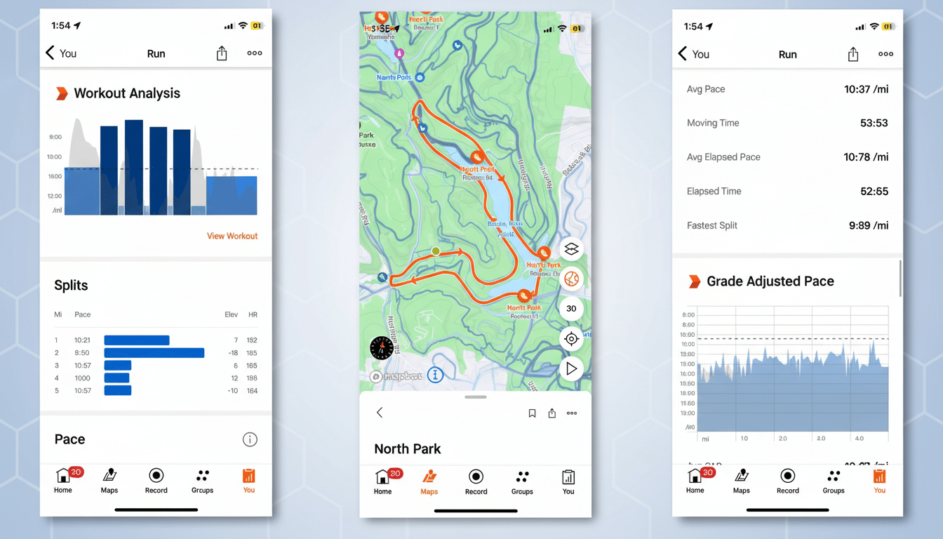 A 16:9 aspect ratio image displaying three iPhone screens side-by-side. The screens show a workout analysis app with graphs, a map of a running route in North Park, and detailed pace information.