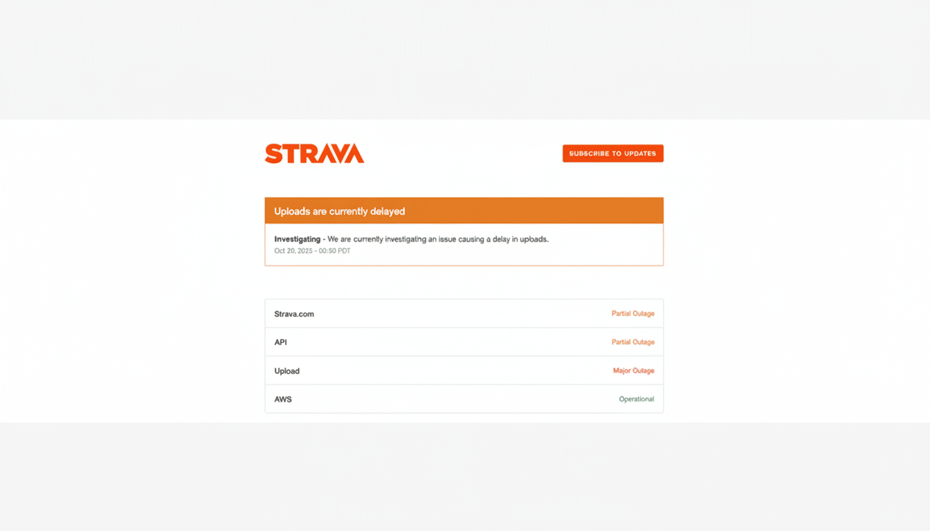 A screenshot of the Strava status page showing Uploads are currently delayed and Investigating messages, with partial outages for Strava.com, API, and a major outage for Upload, while AWS is operational.