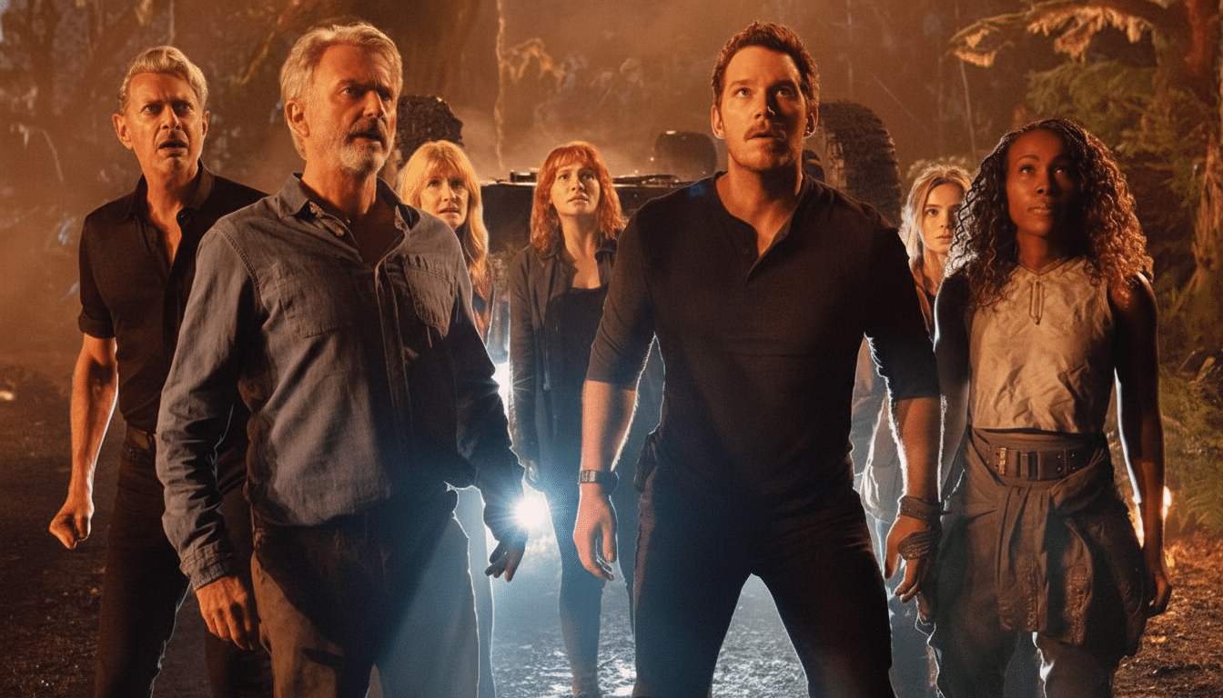 A group of people, including actors Jeff Goldblum, Sam Neill, Bryce Dallas Howard, Chris Pratt, and DeWanda Wise, stand in a jungle setting at night, looking up with expressions of concern.