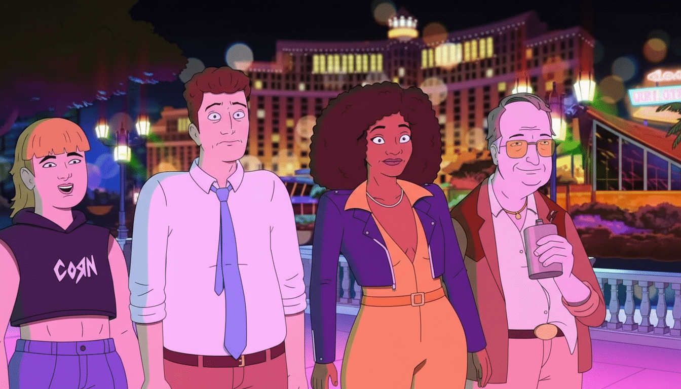 An animated image of four people standing in front of a brightly lit building at night.