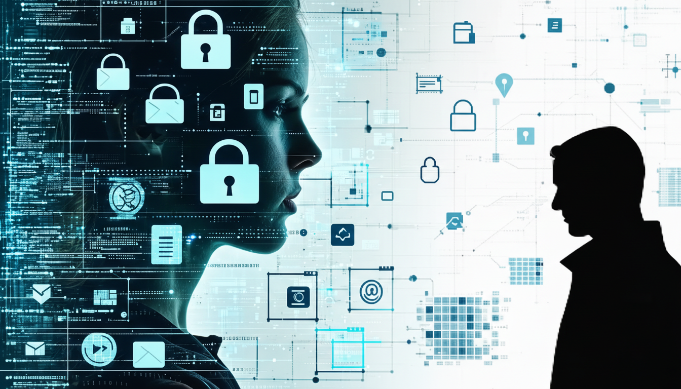 A womans profile on the left, with digital data and lock icons overlaid, facing a male silhouette on the right, against a background of interconnected digital icons and lines.