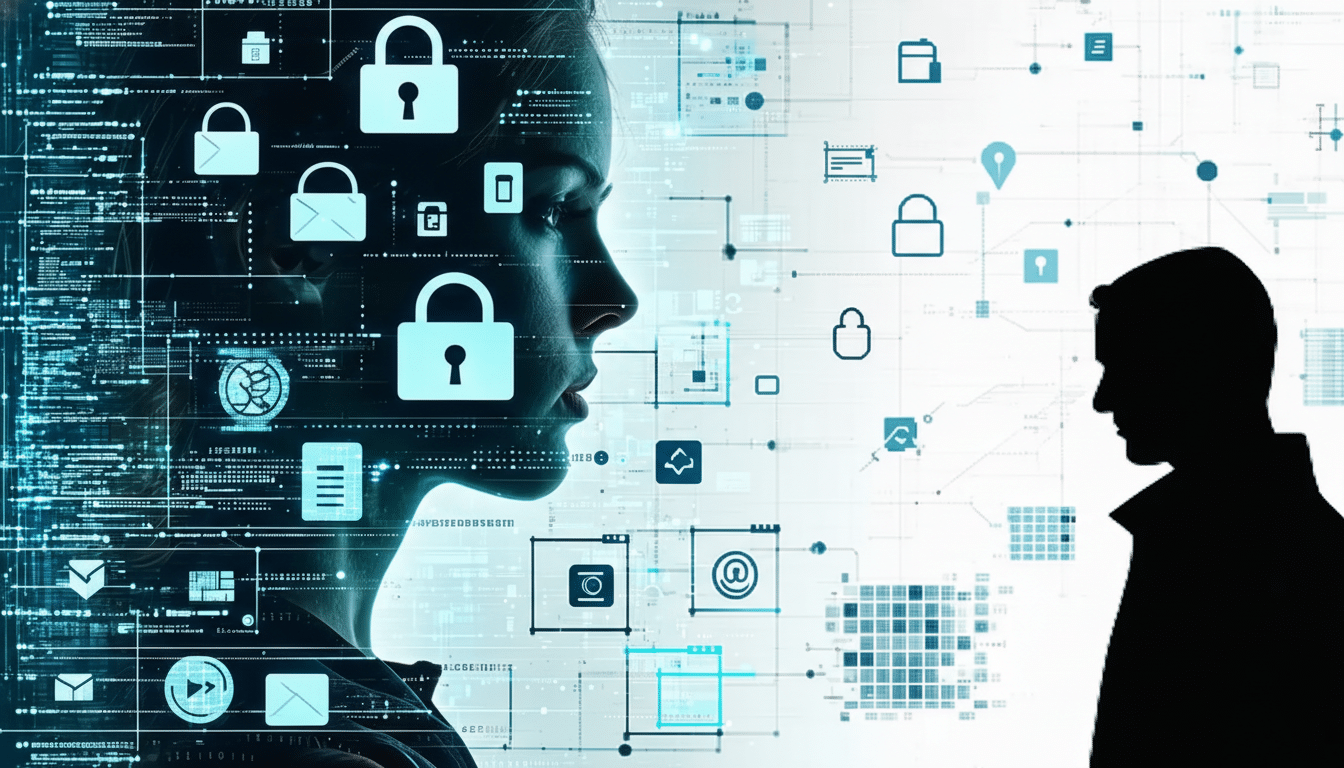 A womans profile is overlaid with digital security icons and data, facing the silhouette of a man, all against a backdrop of interconnected digital elements.