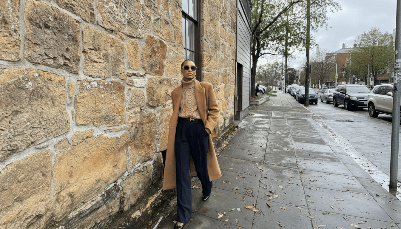 A stylish woman in a camel coat, turtleneck, and black trousers walks along a stone wall on a city street.