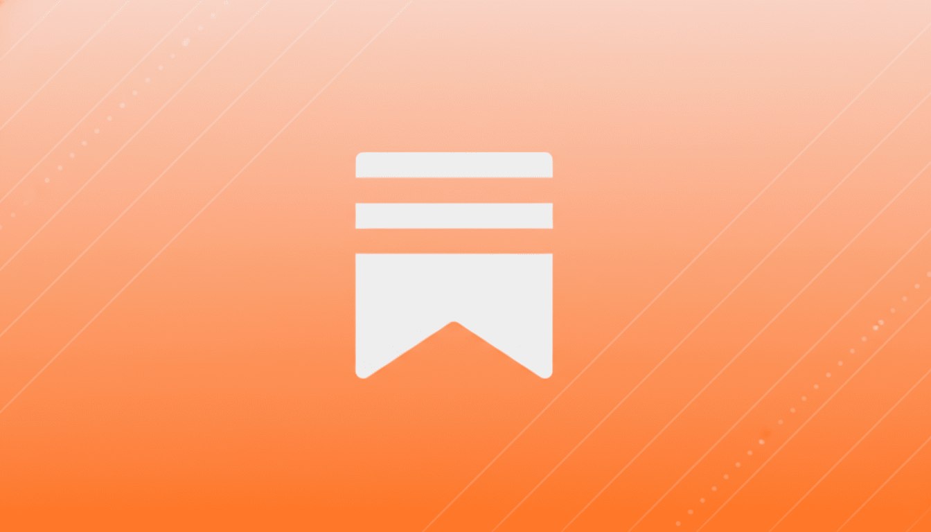A white bookmark icon with three horizontal lines at the top, centered on a professional 16:9 aspect ratio background with a soft orange gradient and subtle diagonal line patterns.