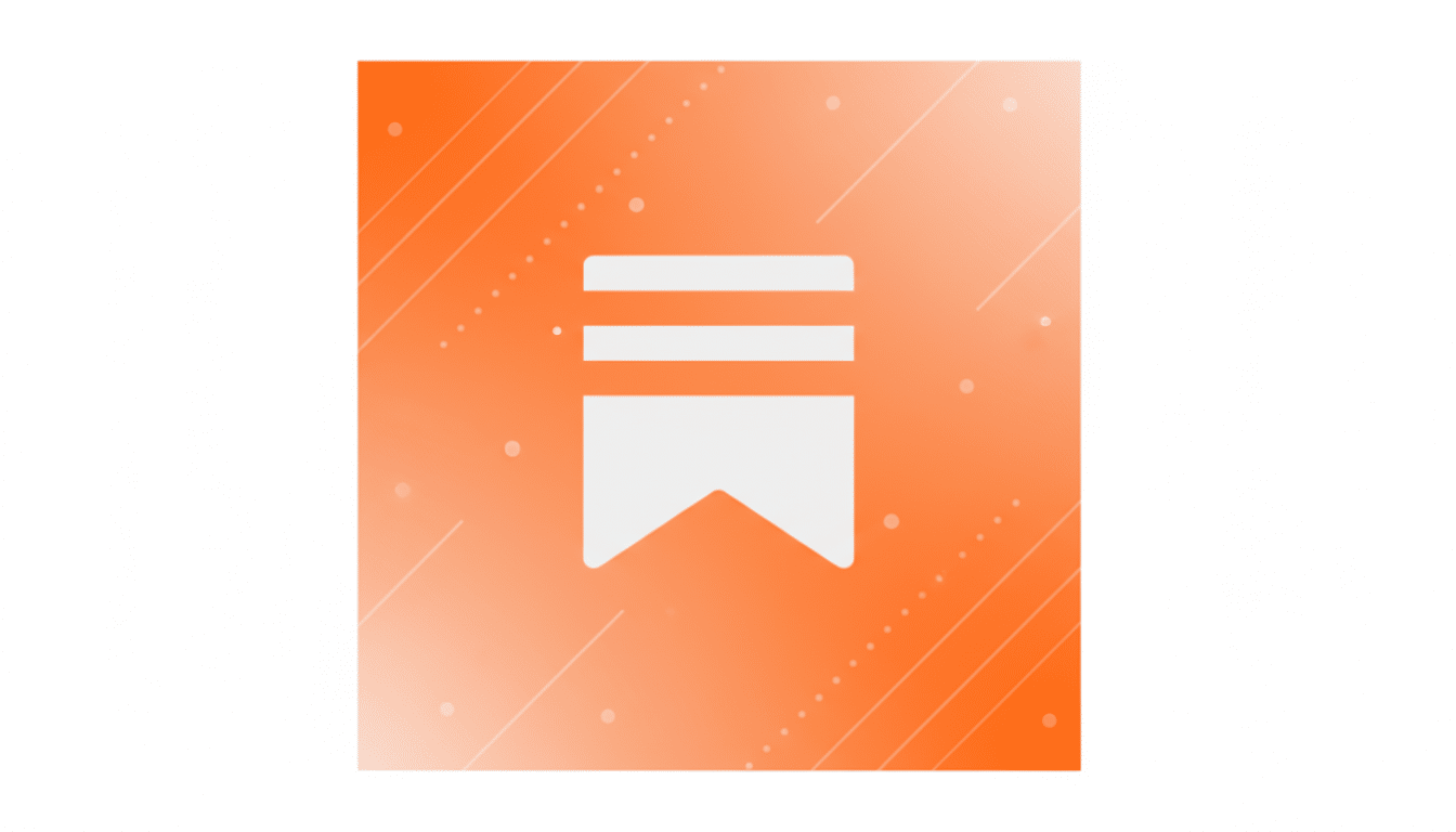 A white bookmark icon with three horizontal lines at the top, centered on an orange and white gradient background with subtle diagonal lines and dots.