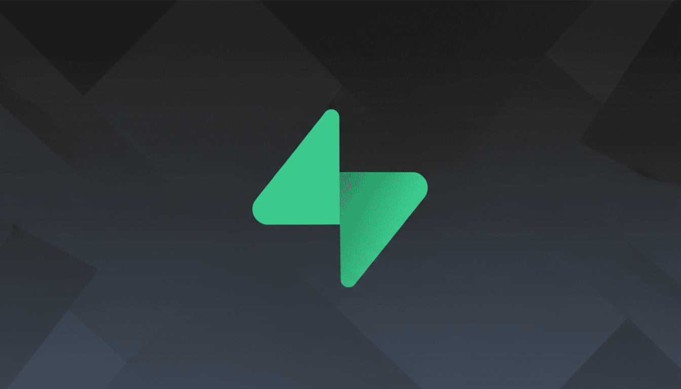 A green lightning bolt-like logo on a dark gray background with subtle geometric patterns.