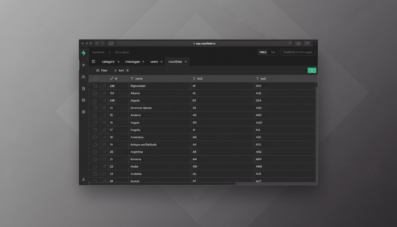 A screenshot of a Supabase table displaying a list of countries with their ISO2 and ISO3 codes, presented in a dark theme.