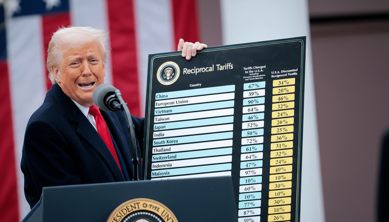 Donald Trump stands at a podium, holding up a chart titled Reciprocal Tariffs.