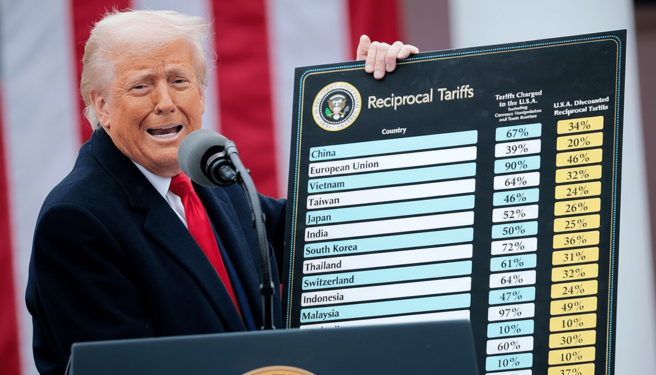 Donald Trump holding a Reciprocal Tariffs chart at a podium.