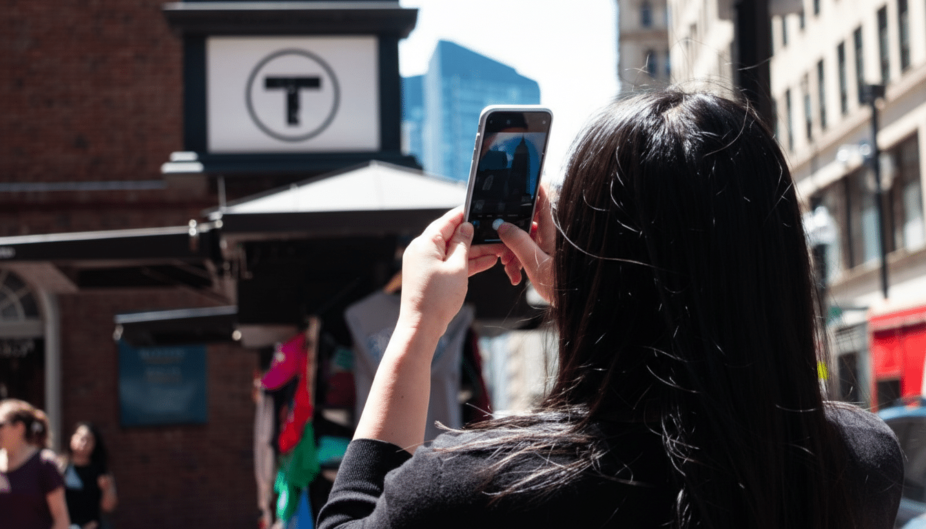 A person with long dark hair is holding a smartphone and taking a picture of a street scene. In the background, there is a sign with a T logo, indicating a subway station, and buildings under a clear sky.