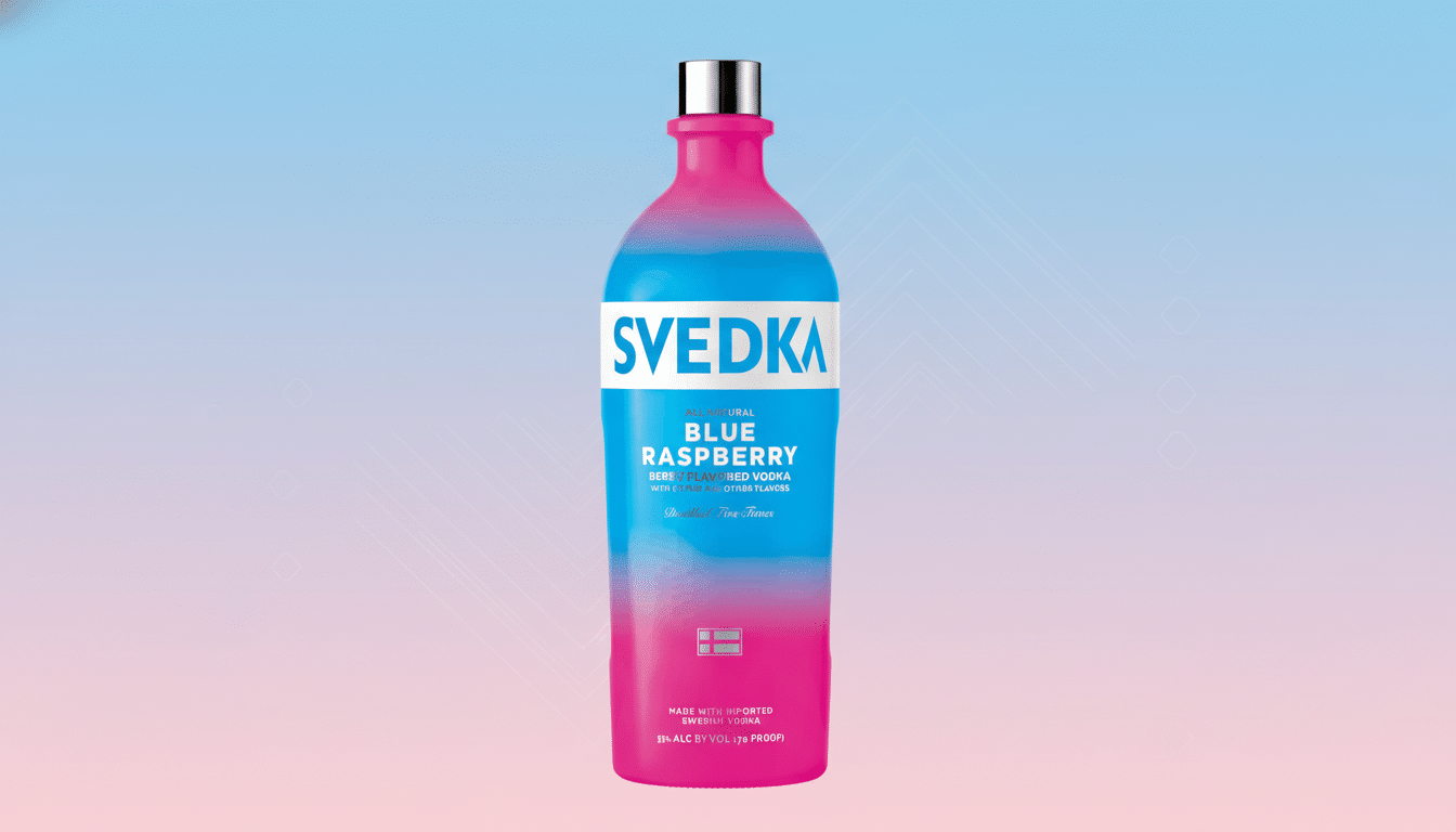 A 16:9 aspect ratio image of a Svedka Blue Raspberry vodka bottle with a professional flat design background featuring soft patterns and gradients.