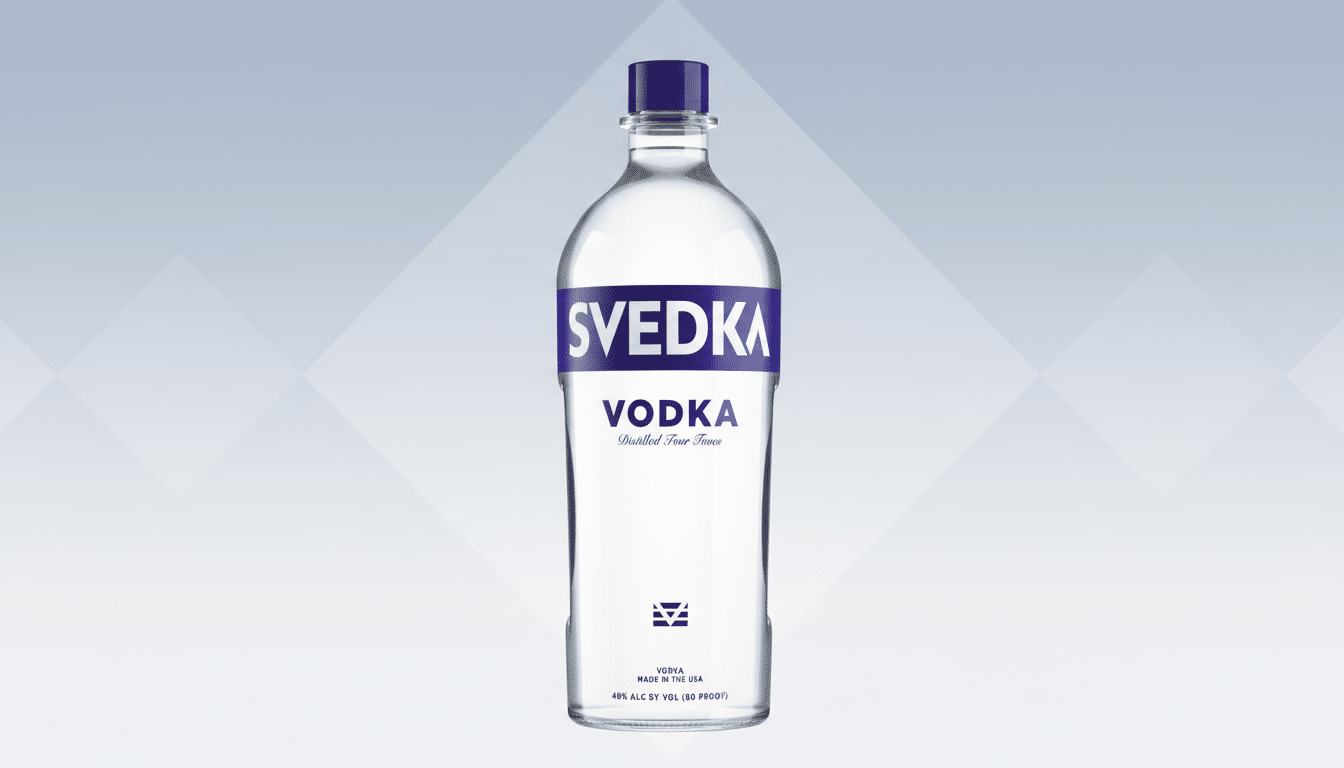 A bottle of Svedka Vodka with a blue cap and label, set against a professional flat design background with soft geometric patterns and a gradient.