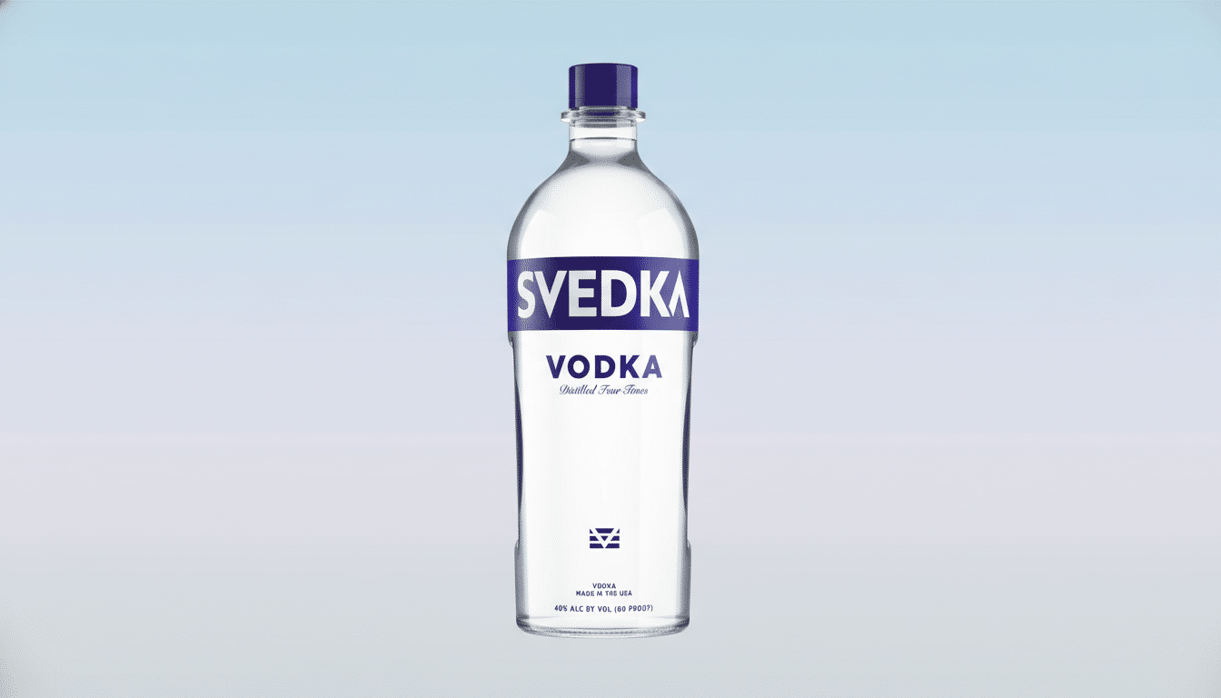 A bottle of Svedka Vodka with a blue cap and label, set against a professional flat design background with a soft blue gradient.