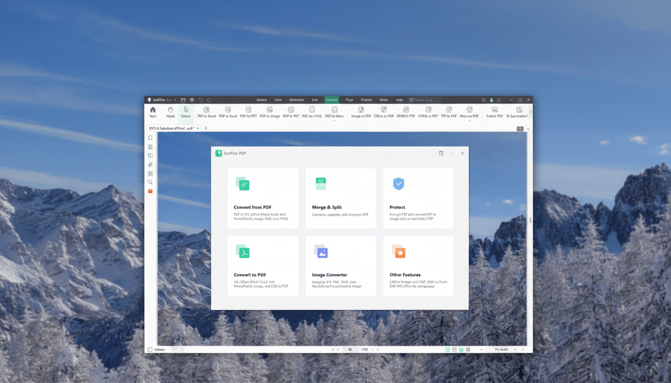 A screenshot of the SwiftDoo PDF application interface, showcasing various PDF conversion and management options, set against a winter mountain landscape background.