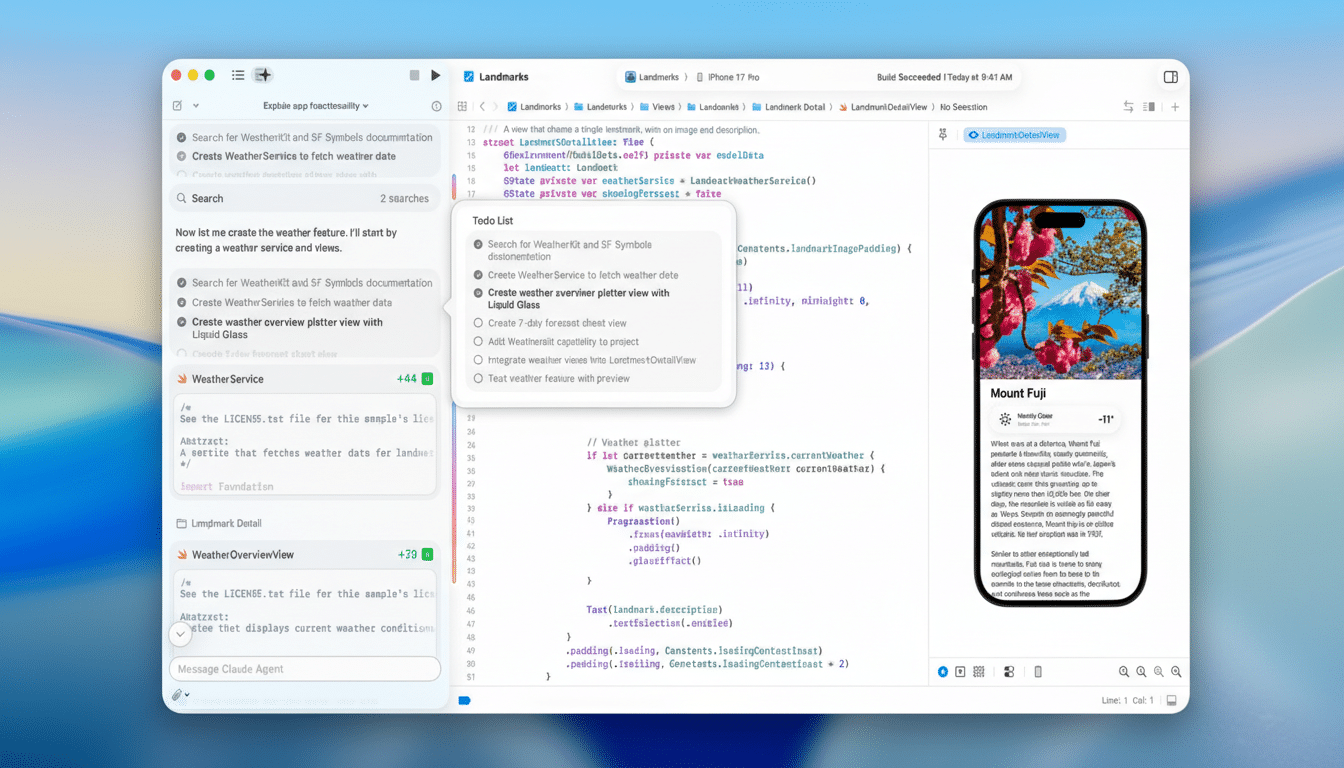 A screenshot of a coding environment with a to-do list overlay and a mobile phone preview displaying information about Mount Fuji.