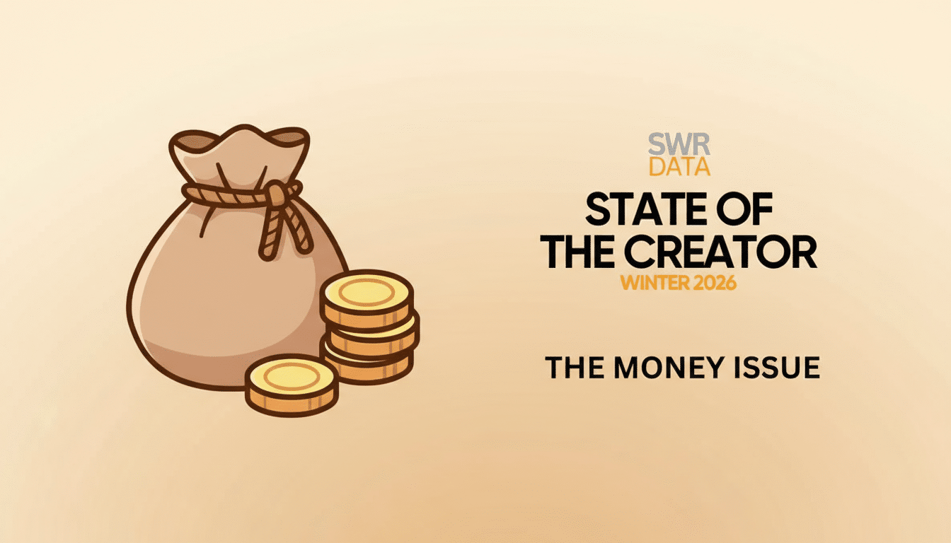 A 16:9 aspect ratio image with a professional flat design background, featuring a money bag and coins on the left, and text on the right that reads SWR DATA STATE OF THE CREATOR WINTER 2026 THE MONEY ISSUE.