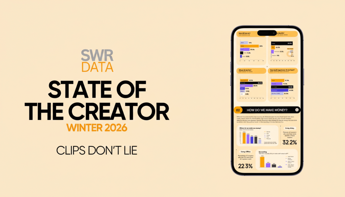 A professional presentation slide with SWR DATA STATE OF THE CREATOR WINTER 2026 CLIPS DONT LIE on the left and a smartphone displaying data charts on the right, set against a soft, light orange background.