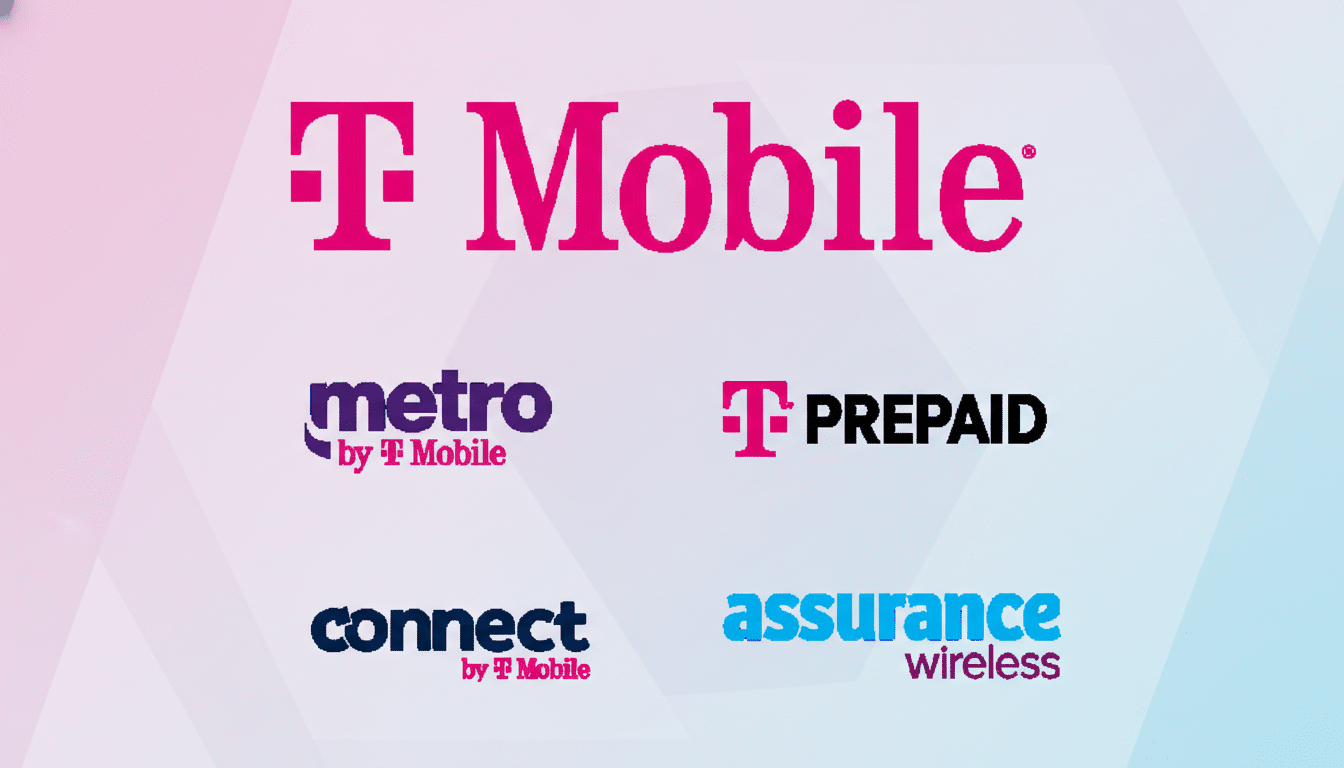 A 16:9 aspect ratio image featuring the T-Mobile logo and its associated brands (Metro by T-Mobile, T-Mobile Prepaid, Connect by T-Mobile, and Assurance Wireless) on a professional flat design background with soft pink and blue gradients.