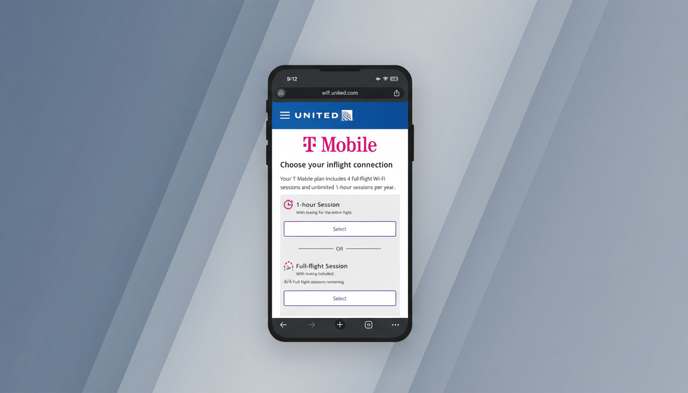 A screenshot of the United Airlines in-flight Wi-Fi portal, offering T-Mobile plan users options for 1-hour or full-flight sessions. The portal is displayed within a smartphone interface, set against a professional flat design background with soft patterns.