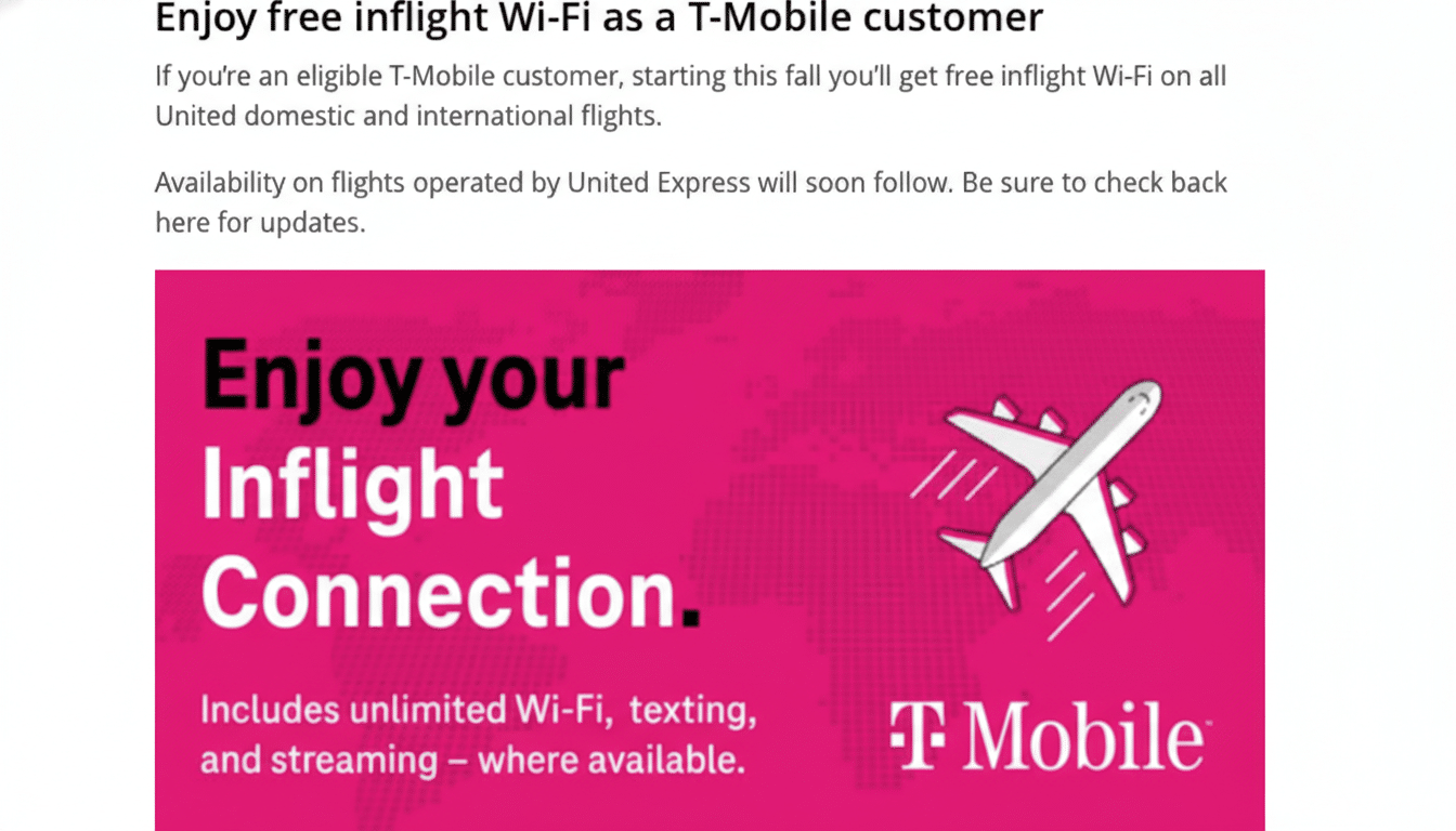 A T-Mobile advertisement for free in-flight Wi-Fi, featuring a white airplane icon on a pink background with the text Enjoy your Inflight Connection.