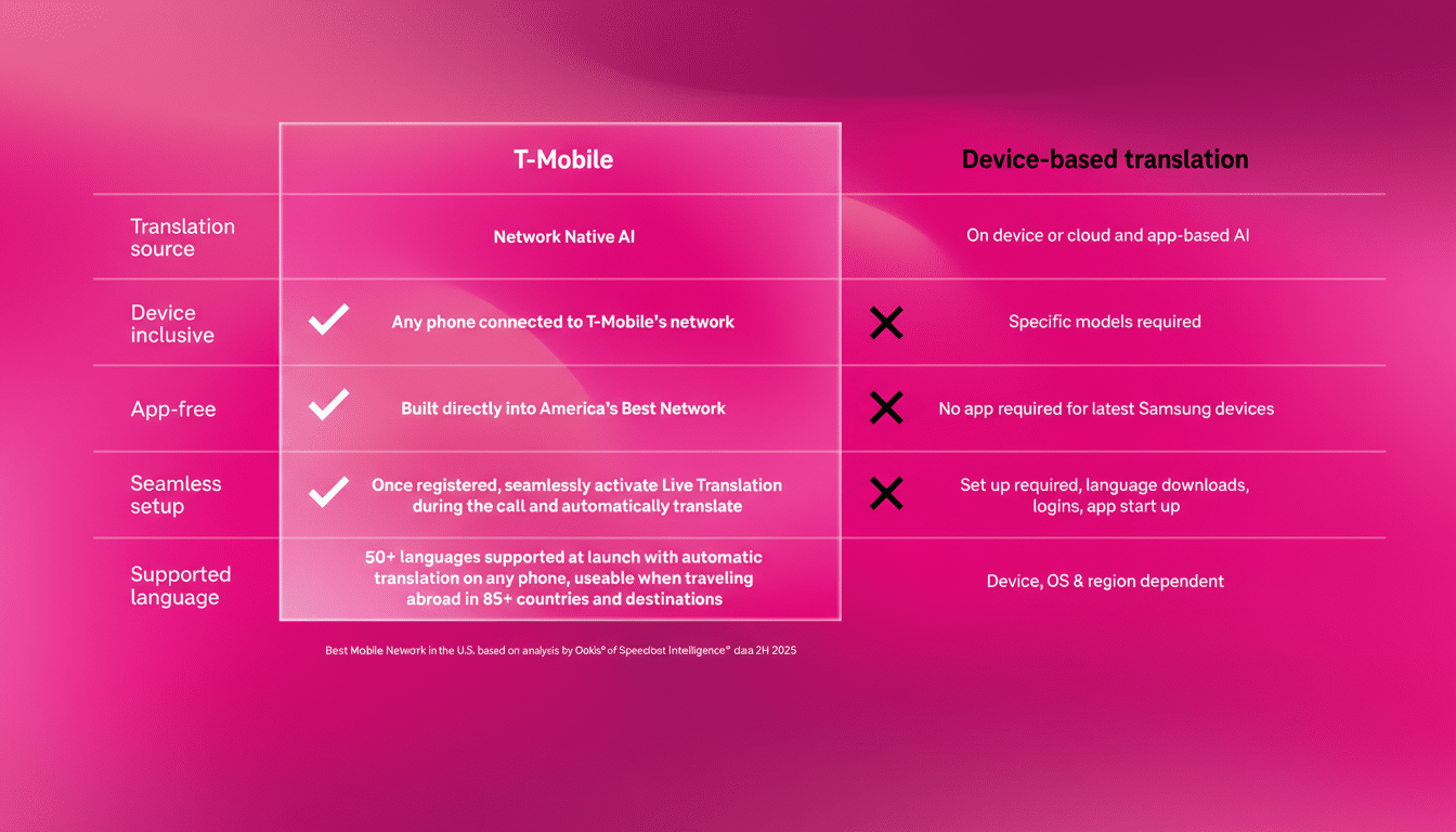 A comparison table showing the benefits of T-Mobiles network native AI translation versus device-based translation, highlighting features like translation source, device inclusivity, app-free usage, seamless setup, and supported languages.