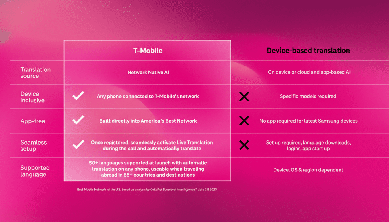 A comparison table showing the benefits of T-Mobiles Network Native AI for translation versus device-based translation.