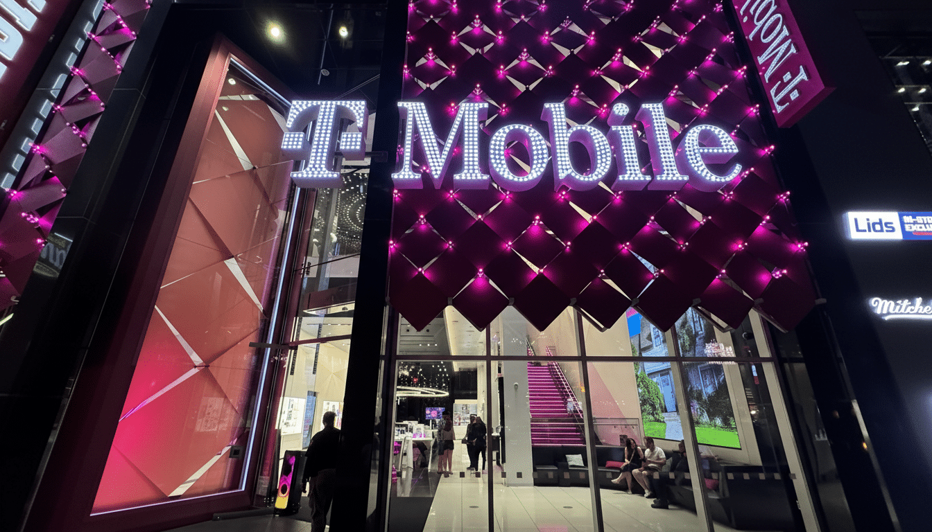 The exterior of a T-Mobile store at night, featuring a large, illuminated T-Mobile logo in bright pink and white, with people visible near the entrance.