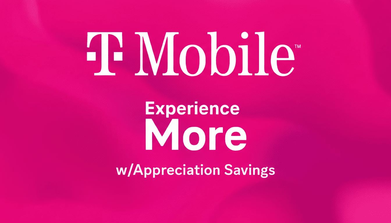 T-Mobile logo and text Experience More w/Appreciation Savings on a pink background.