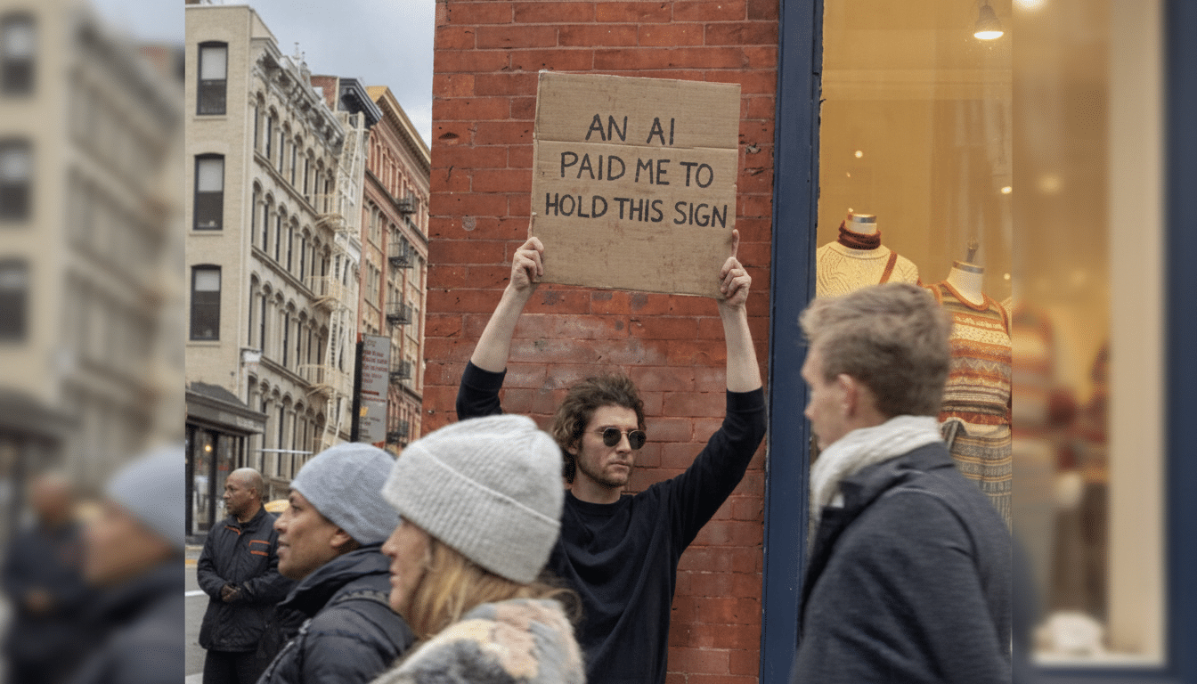 A man holding a cardboard sign that reads AN AI PAID ME TO HOLD THIS SIGN on a city street.