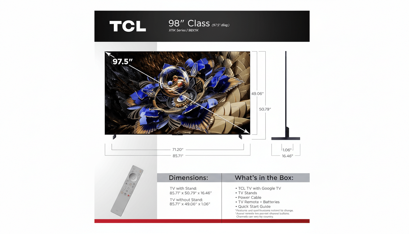 A professional image of a TCL 98 Class X11K Series television, showcasing its dimensions, a remote control, and a list of included items in a 16:9 aspect ratio.