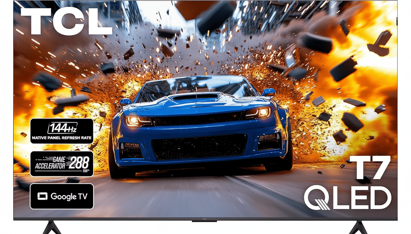 A TCL T7 QLED television displaying a blue sports car in an explosion, with features like 144Hz refresh rate, Game Accelerator 288, and Google TV highlighted on the screen.