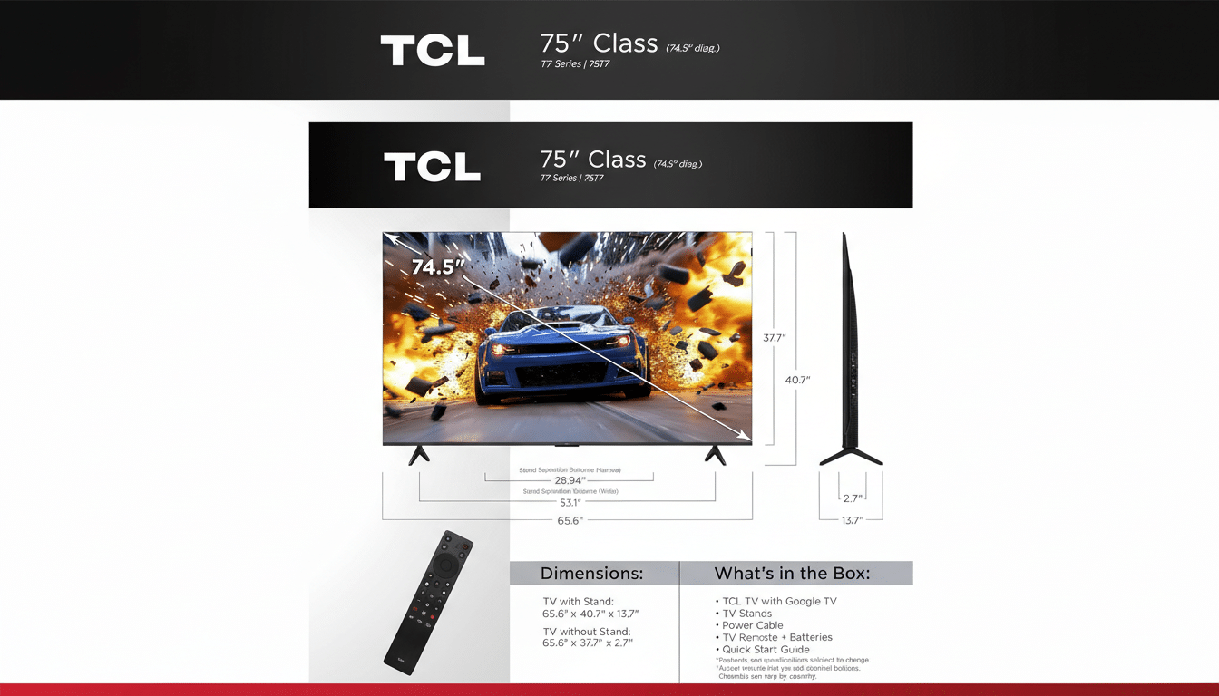 A professional product image of a TCL 75-inch Class T7 Series 75T7 television, showcasing its front view with a blue sports car on the screen, a side profile, dimensions, and a remote control. The image is set against a clean, professional background with soft gradients.