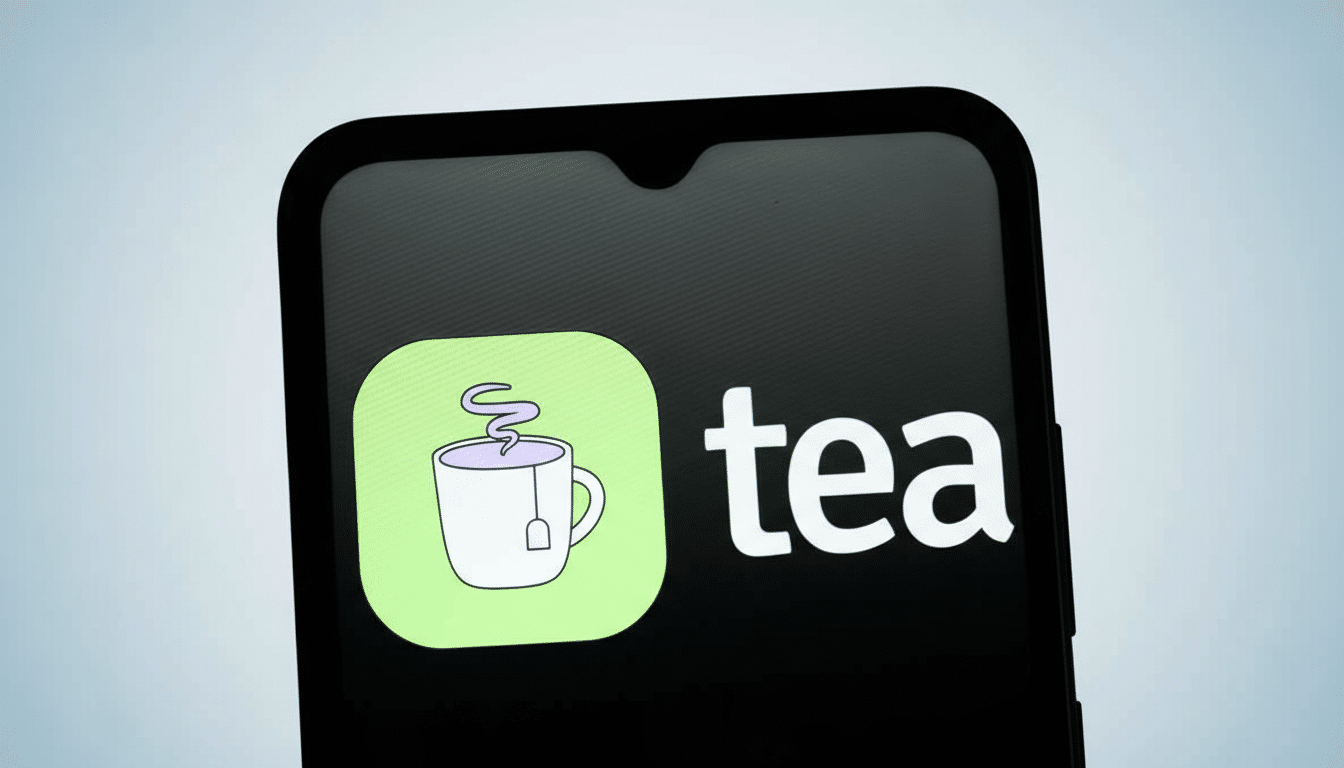 A smartphone displaying the tea app logo, featuring a light green square icon with a white teacup and a tea bag, next to the word tea in white text, set against a professional light blue gradient background.