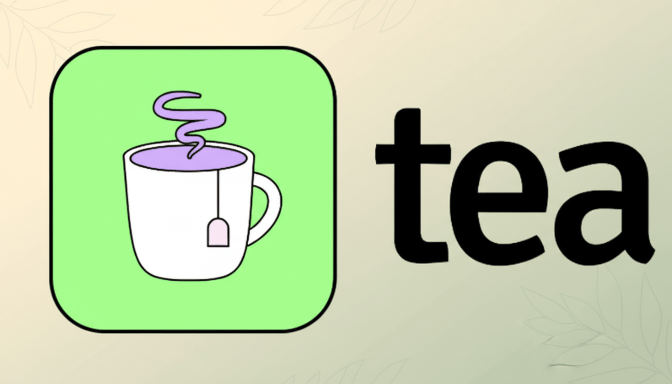 A 16:9 aspect ratio image featuring a white mug with purple liquid and steam, a tea bag, and the word tea in black, all set against a professional flat design background with soft patterns.