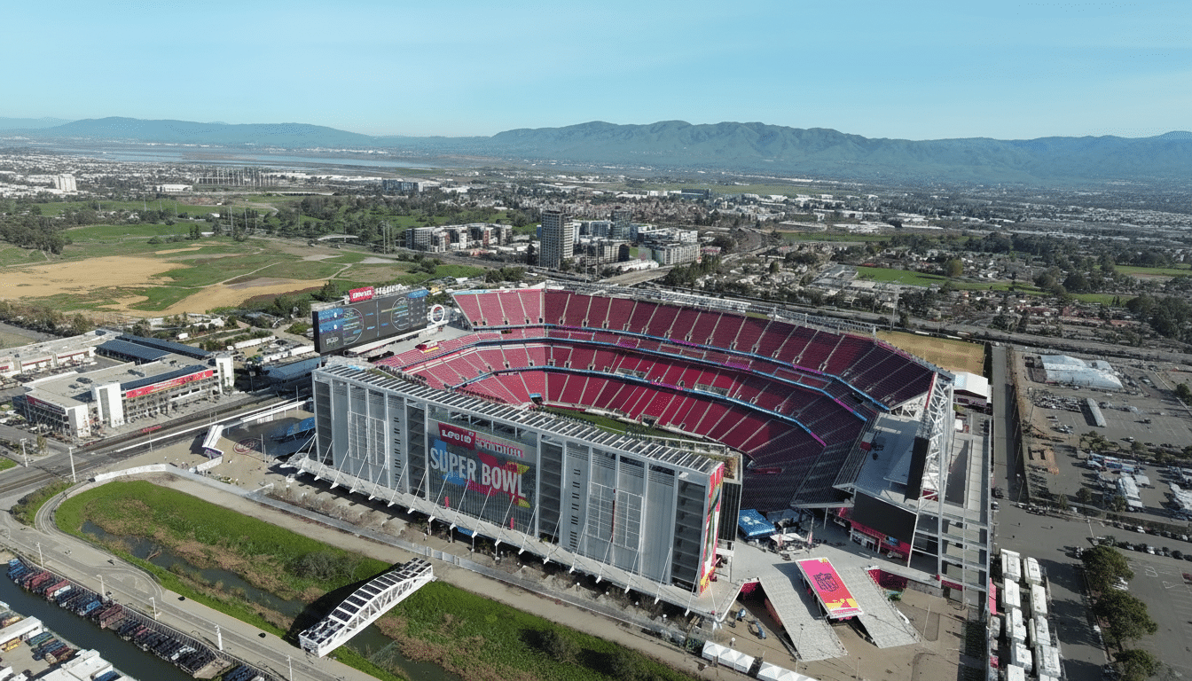 An aerial view of Levis Stadium, home of the Super Bowl, surrounded by urban and natural landscapes under a clear sky.