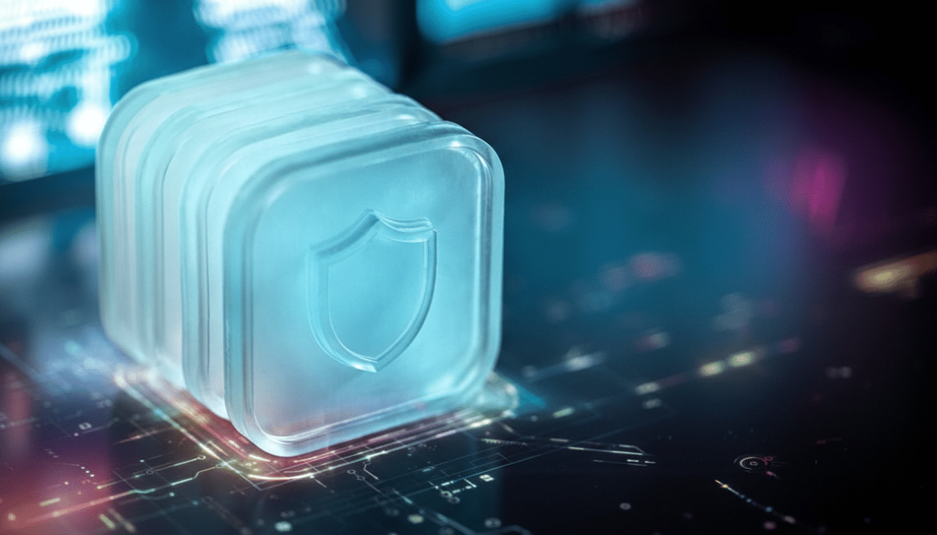 A stack of translucent, glowing blue shield icons on a dark, futuristic circuit board background, resized to a 16:9 aspect ratio.