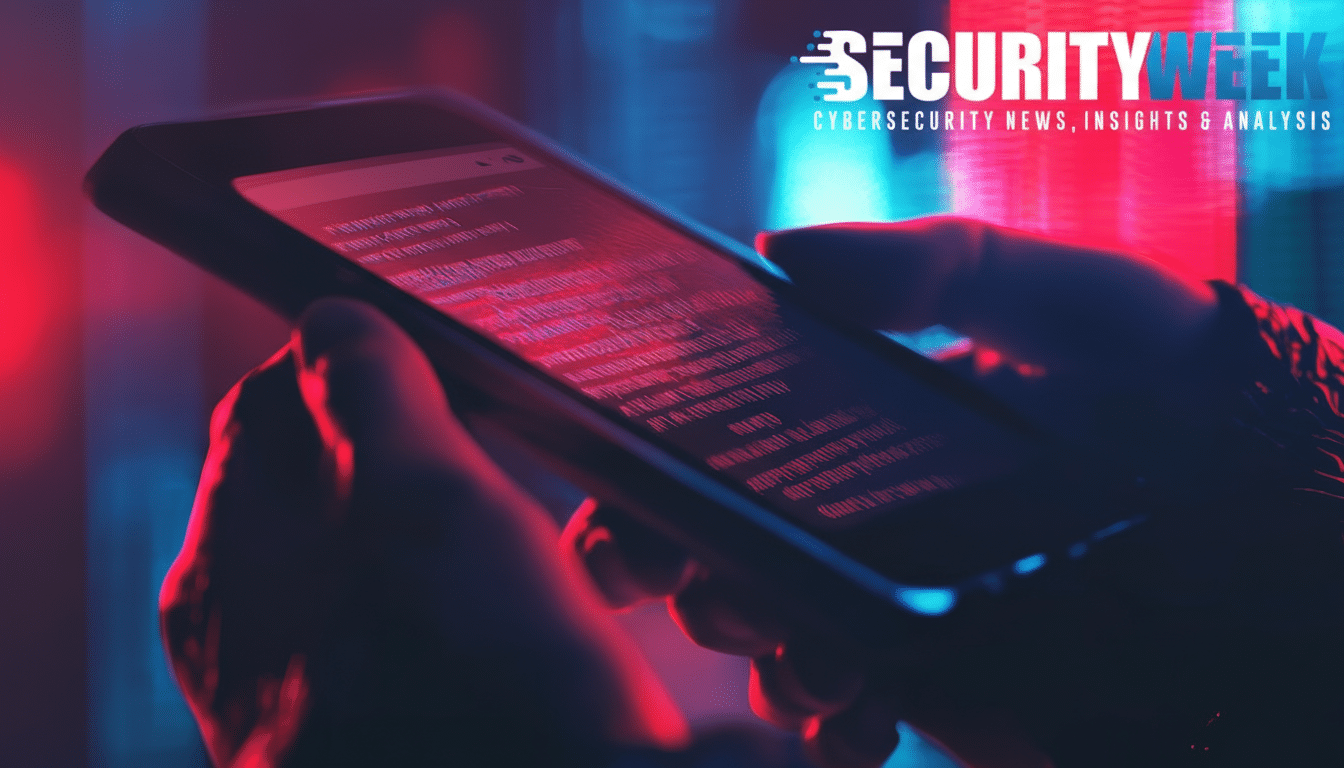 A persons hands holding a smartphone displaying red code on the screen, with a SECURITYWEEK logo in the top right corner, set against a blurred background of red and blue lights.