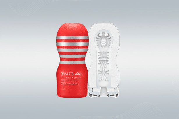 A red and silver Tenga Original Vacuum Cup next to a cross-section view of its internal texture, presented on a professional gray background with subtle wave patterns.