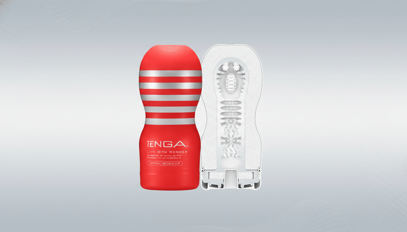 A red and silver Tenga Original Vacuum Cup next to a cross-section view of its internal texture, presented on a professional gray background with subtle wave patterns.