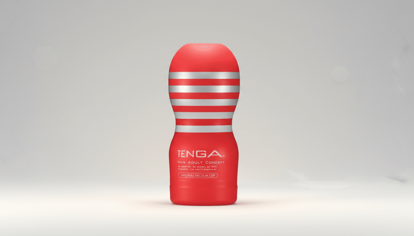 A red Tenga Original Vacuum Cup with silver stripes, presented on a professional flat design background with soft patterns and gradients.