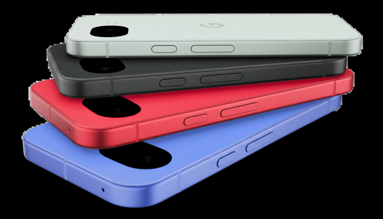 A stack of four Google Pixel phones in different colors: light green, black, red, and blue, presented on a black background.