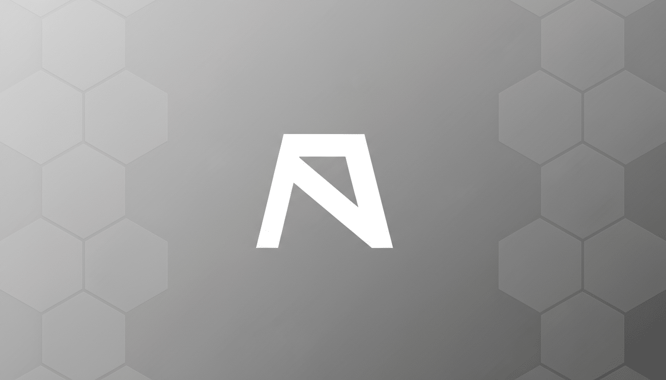 A white stylized letter A logo centered on a professional gray background with subtle hexagonal patterns and a soft gradient.