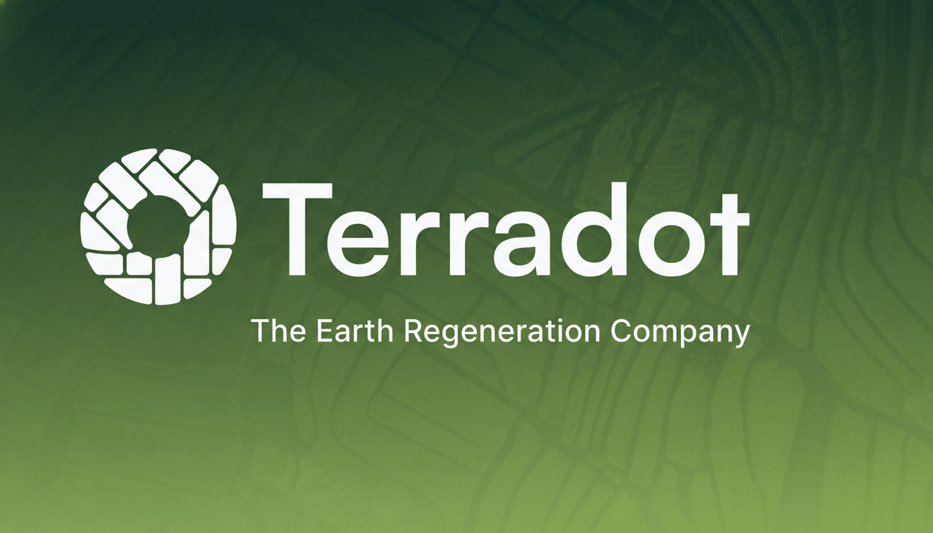 The Terradot logo and company name, The Earth Regeneration Company, displayed over a blurred green background resembling terraced fields.