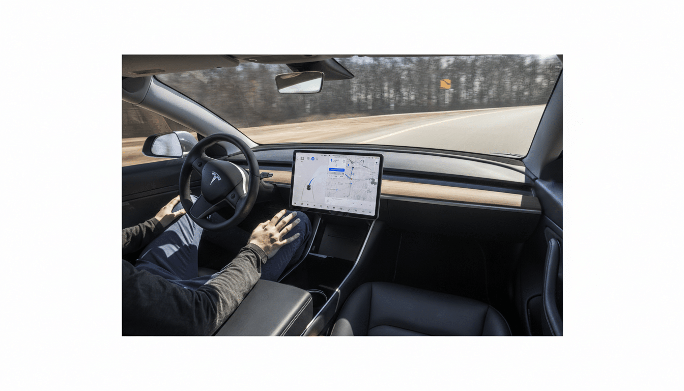 A person driving a Tesla Model 3 on a highway, with the cars interior and navigation screen visible.