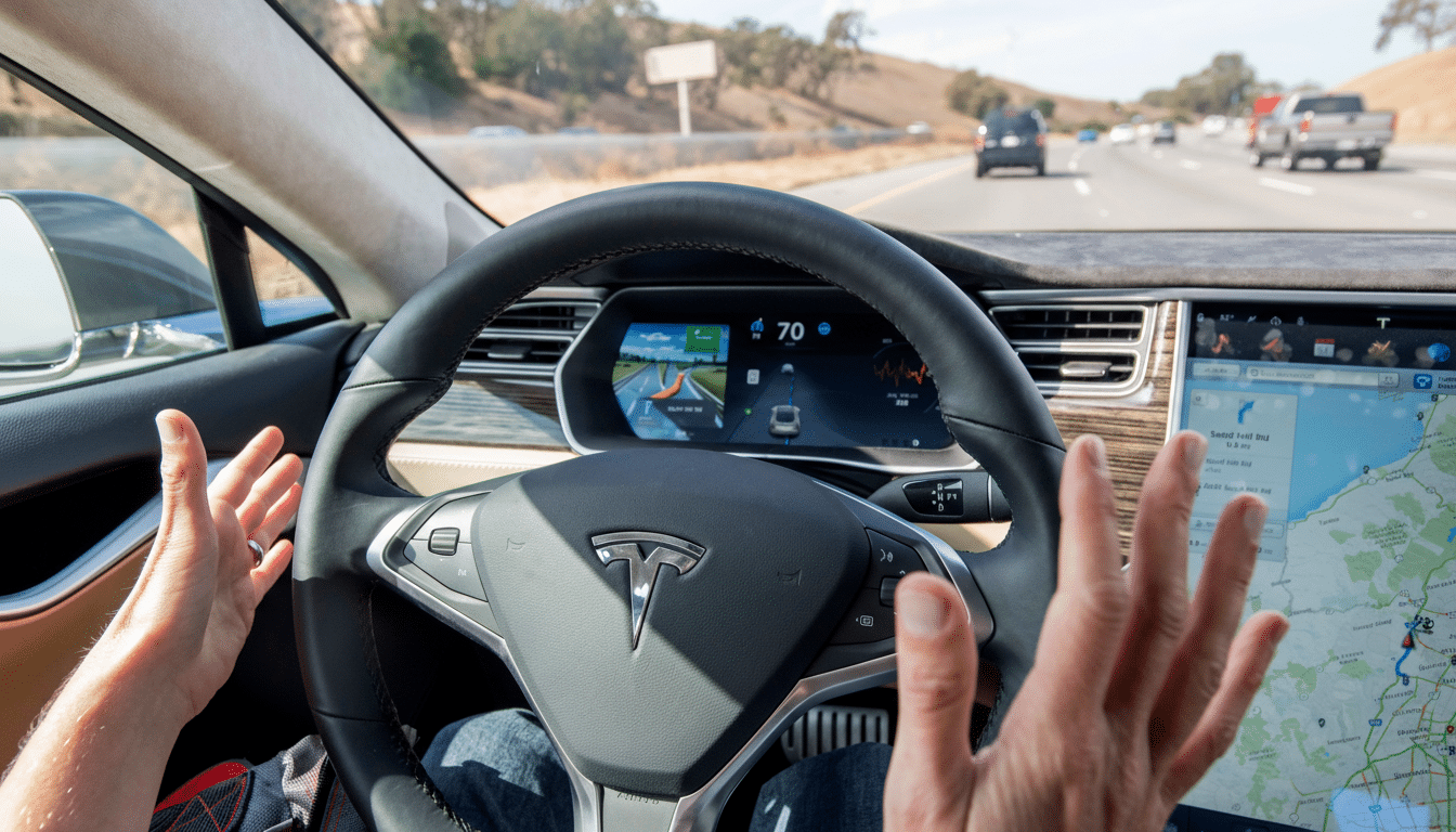 A persons hands are shown near the steering wheel of a Tesla car, which is driving on a highway. The cars dashboard displays navigation and speed information.