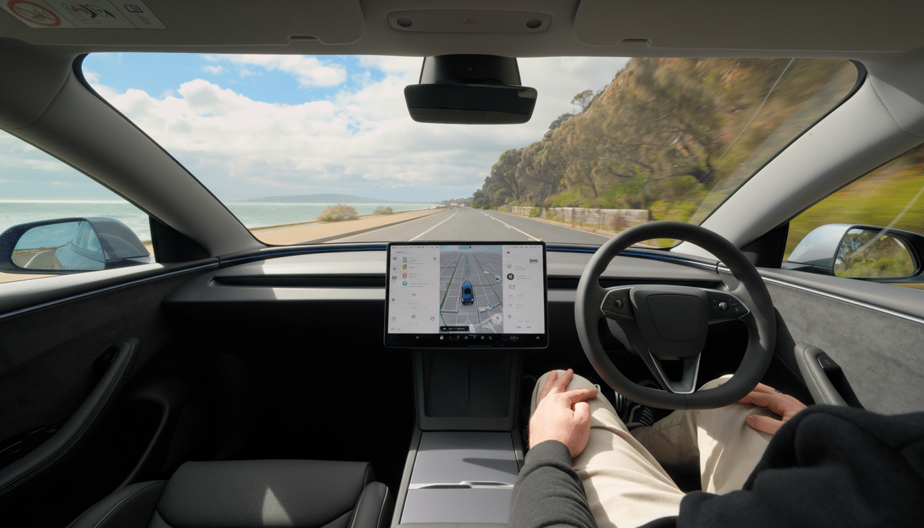 A person driving a Tesla on a coastal road, with the cars navigation system displayed on the central screen.