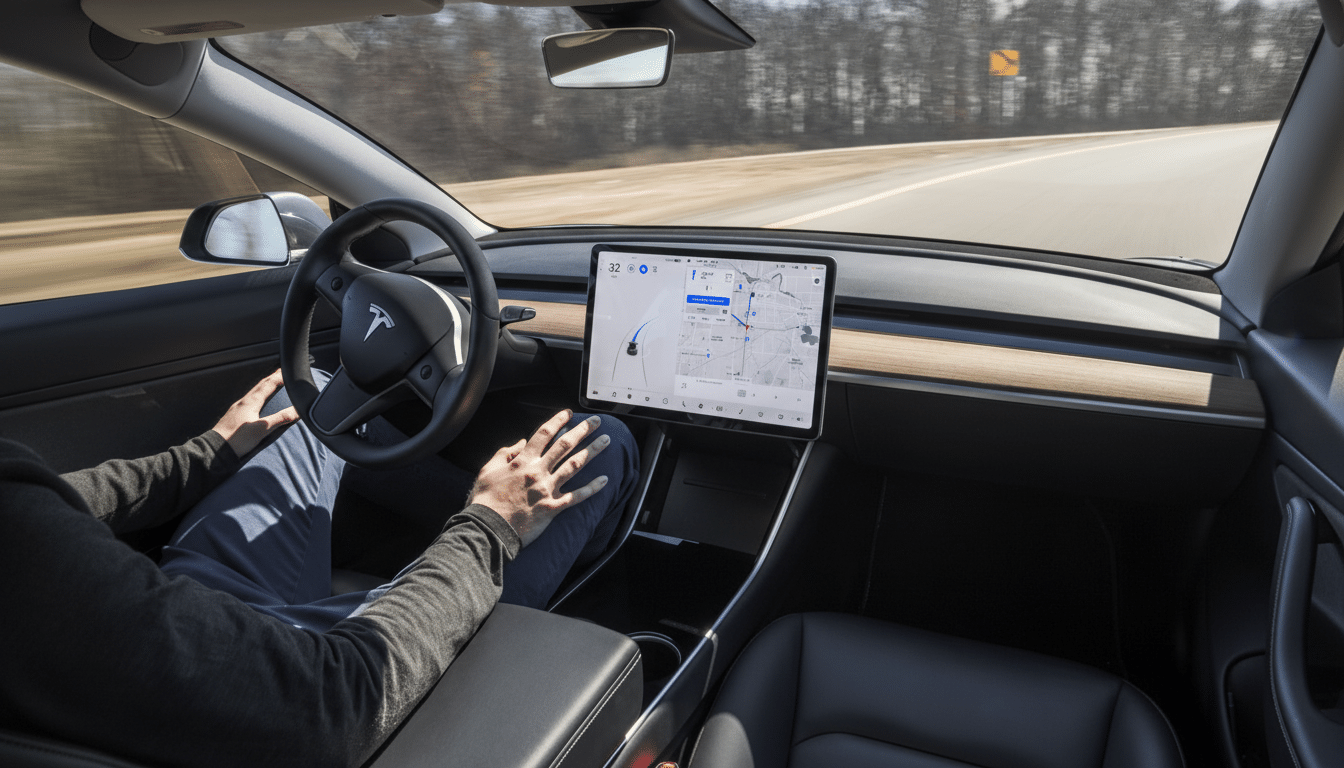 A person driving a Tesla car, with hands on the steering wheel and the cars navigation system displayed on the central screen.